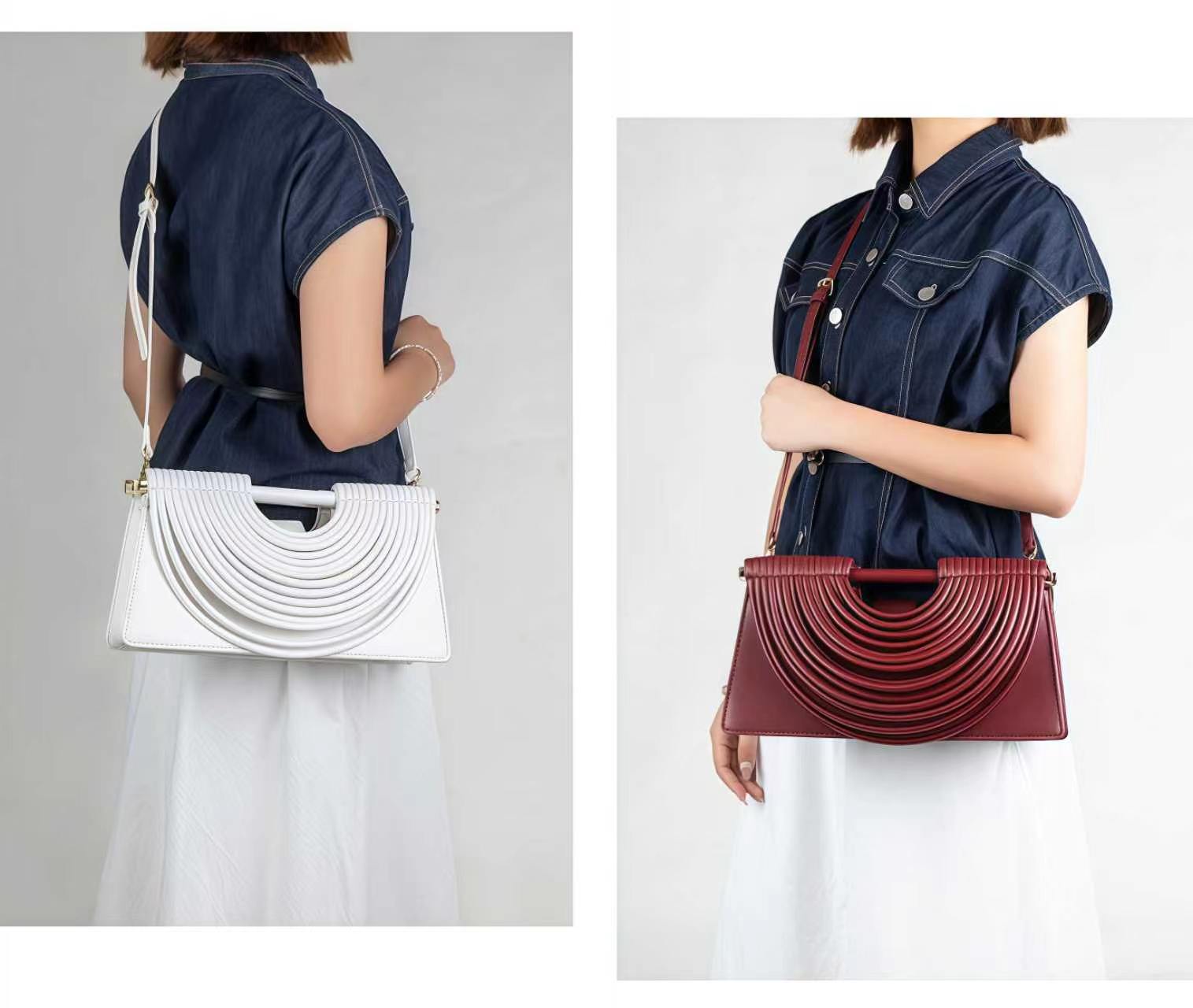 White and burgundy handwoven crossbody bag styling views